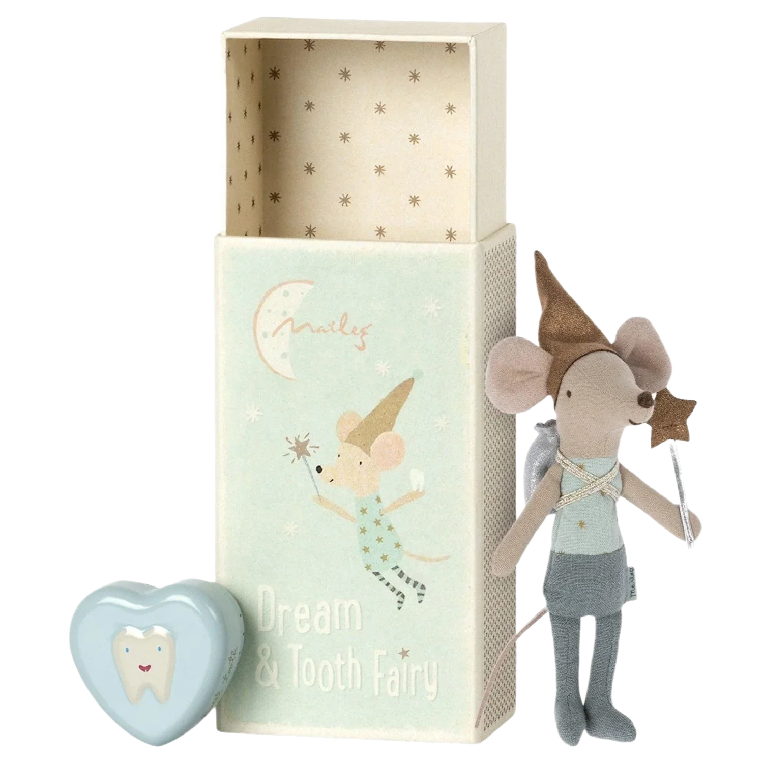 The Maileg Tooth Fairy Mouse in Matchbox, Blue, dressed as a tooth fairy, stands next to an open box labeled "Dream & Tooth Fairy" and a small heart-shaped tooth box with a tooth design on it, ready to deliver sweet dreams.