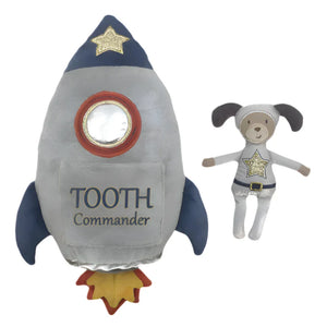 A soft MON AMI Tooth Commander Spaceship Pillow and Doll Set by Mon Ami features a plush rocket accompanied by a small astronaut dog pillow toy.