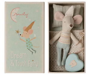 A Maileg Tooth Fairy Mouse, Little Brother in Match Box, lies in a small box next to a heart-shaped tooth box, accompanied by an illustration of the mouse and the text "Dream & Tooth Fairy.