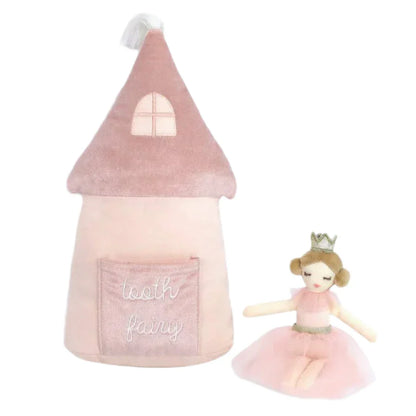 Introducing the MON AMI Princess Castle Tooth Fairy Pillow Set by Mon Ami—this plush pink tooth fairy house resembles a charming princess castle. It features a labeled pocket and includes a matching plush doll, complete with a crown and tutu—perfect for enchanting room decor.