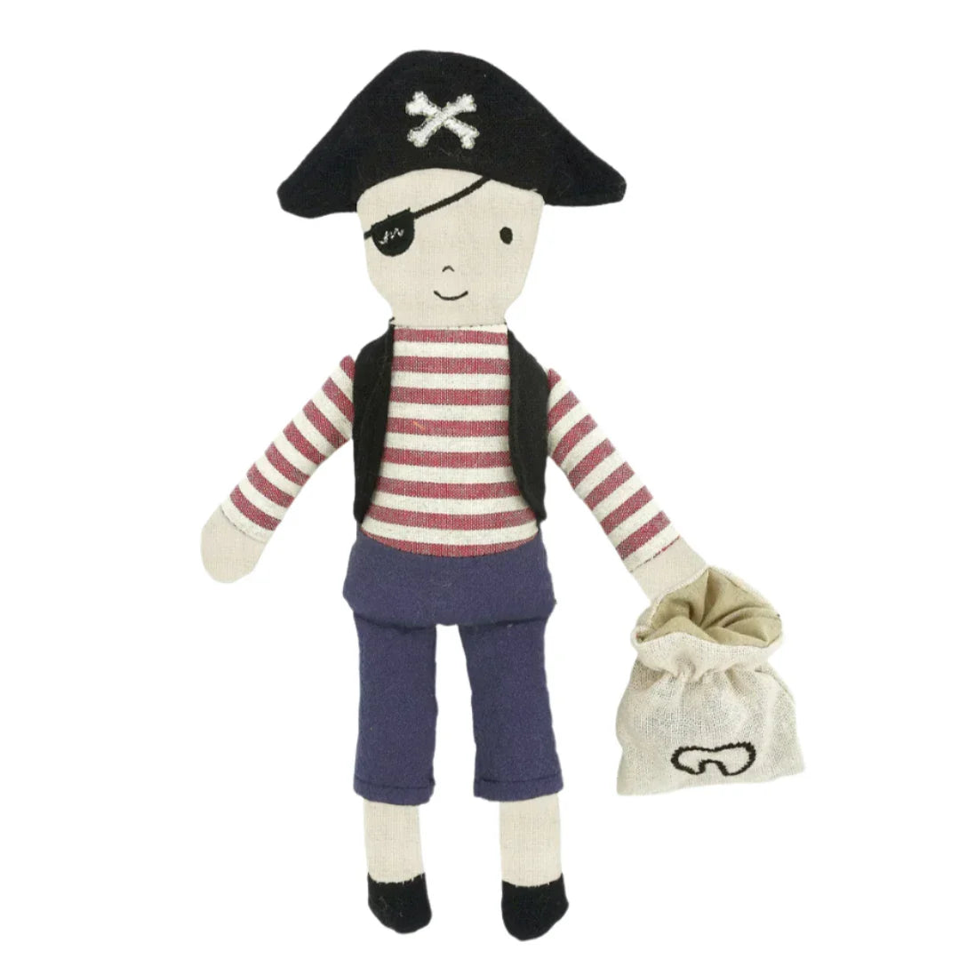 The MON AMI Tooth Mate Tooth Fairy Doll by Mon Ami features a charming pirate design with a black hat, eye patch, and striped shirt, complete with a hidden tooth pouch that captures childhood nostalgia while serving as an imaginative pirate-themed tooth fairy.