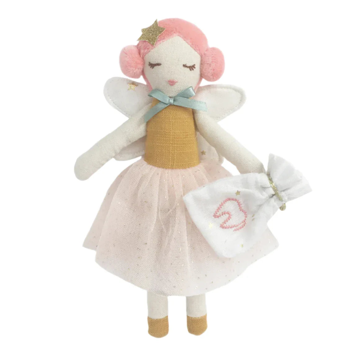 The MON AMI Tooth Fairy Doll with Pouch by Mon Ami features a plush fairy doll adorned with pink hair, a gold dress, and white wings, holding a charming white bag with a pink heart design—ideal for storing a baby's precious tooth during the Tooth Fairy's magical visit.