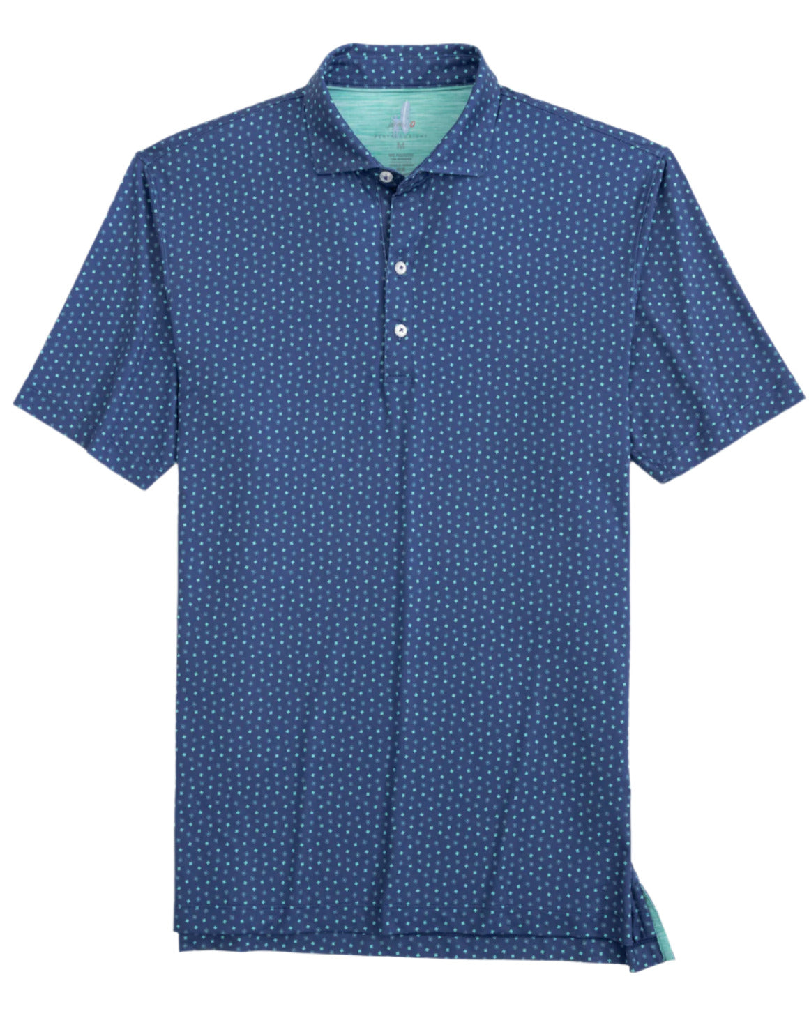 The Johnnie-O Top O The Mornin Polo is a blue short-sleeve golf polo from Johnnie-O, featuring a small white geometric pattern and light green interior lining. It's crafted from a stretchy jersey blend for ultimate comfort and breathability.