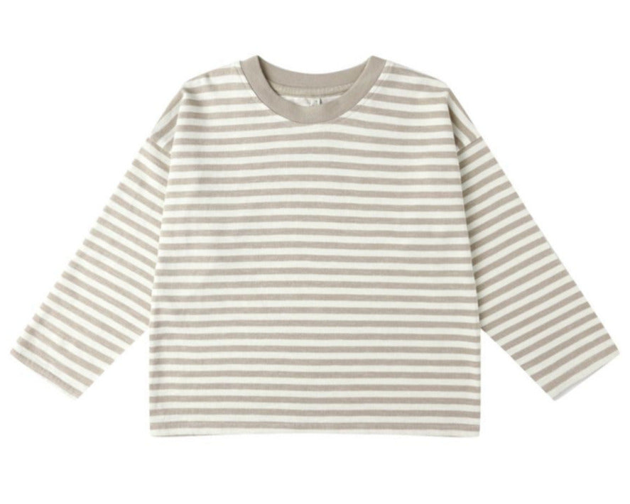 The Rylee & Cru Baby Boys' and Boys' Camden Long Sleeve Tee features a boxy fit, crew neckline, subtle contrast neck ribbing, and horizontal beige and white stripes.