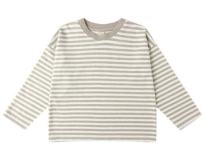 The Rylee & Cru Baby Boys' and Boys' Camden Long Sleeve Tee features a boxy fit, crew neckline, subtle contrast neck ribbing, and horizontal beige and white stripes.