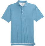 Experience the Johnnie-O Featherweight Double Eagle Polo in light blue. This short-sleeved performance polo showcases thin horizontal stripes on a white background, complete with a button-up collar for ultimate moisture-wicking comfort and style.