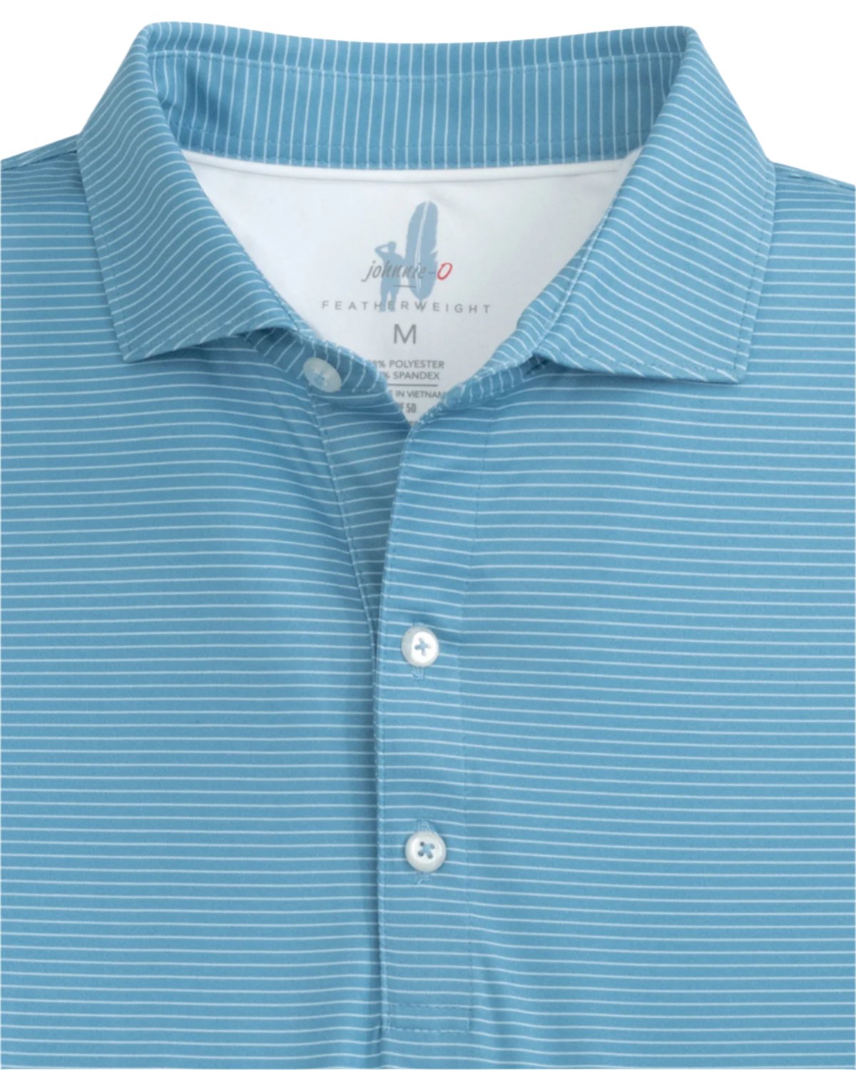 Introducing the Johnnie-O Double Eagle Polo, a standout piece from the Featherweight collection. This blue and white striped collared shirt, featuring buttons and a medium size label inside the collar, is crafted by Johnnie-O for ultimate comfort and style. Elevate your wardrobe with this essential item.