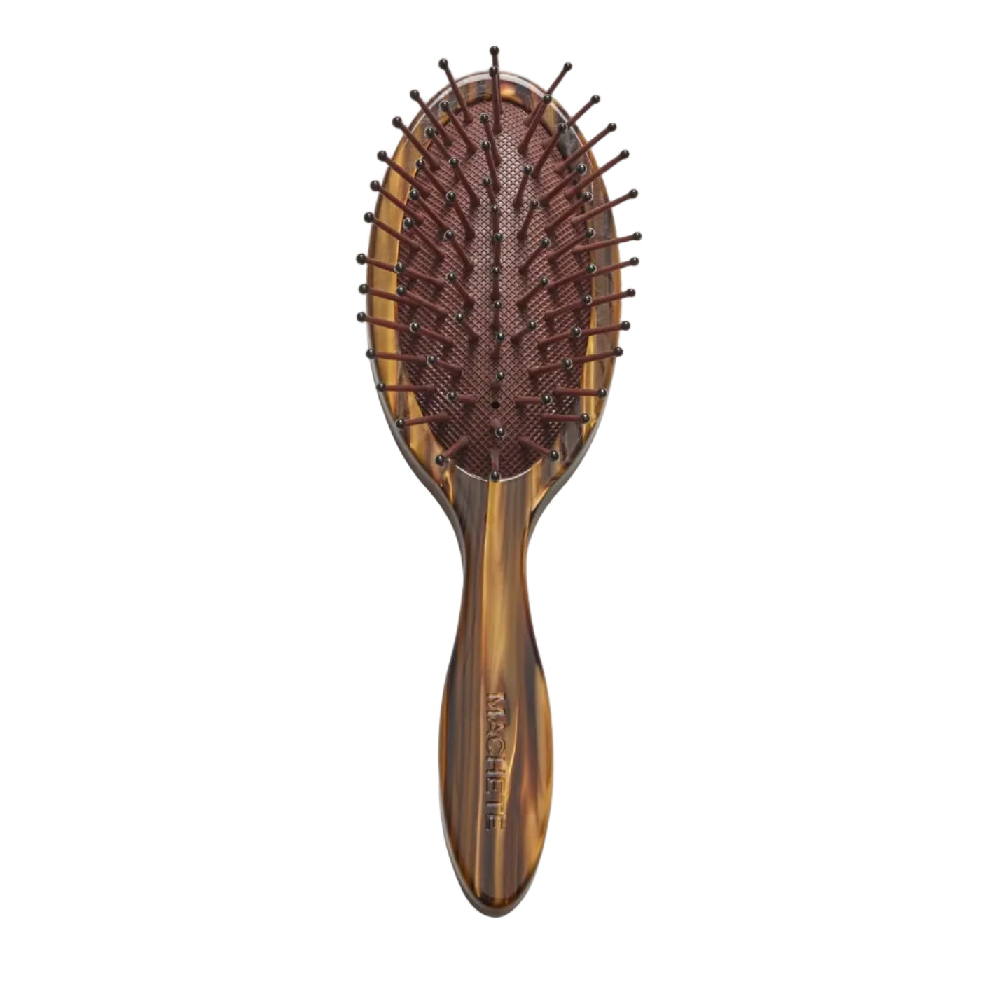 A Machete Petite Travel Detangling Hair Brush featuring a brown, oval design with a plastic handle and widely spaced bristles is displayed against a white background.
