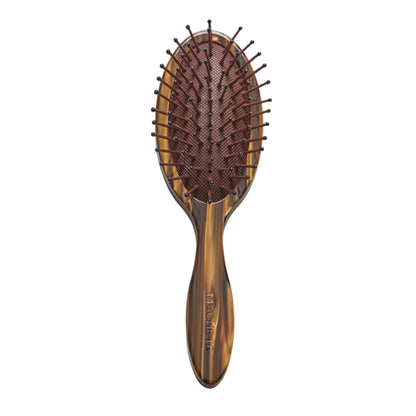 A Machete Petite Travel Detangling Hair Brush featuring a brown, oval design with a plastic handle and widely spaced bristles is displayed against a white background.