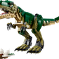 The green and beige LEGO® Creator T. Rex, with its posable limbs and roaring open mouth, stands next to a white model skeleton, showcasing the creativity of Legos - Toyhouse.