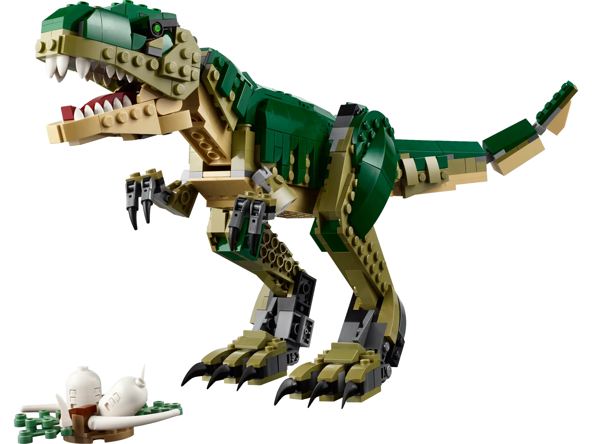 The green and beige LEGO® Creator T. Rex, with its posable limbs and roaring open mouth, stands next to a white model skeleton, showcasing the creativity of Legos - Toyhouse.