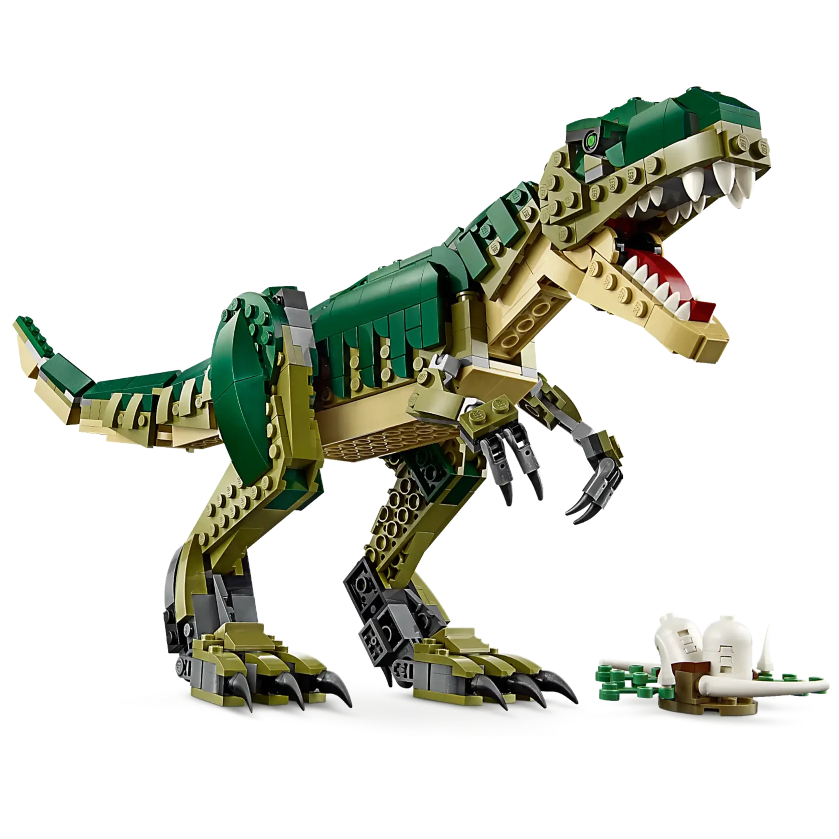 The LEGO® Creator T. Rex from Legos - Toyhouse features green and tan bricks, showcasing a posable dinosaur toy standing with its mouth open. A small bone and plant are included on the ground beside it, vividly capturing the essence of this detailed creation.