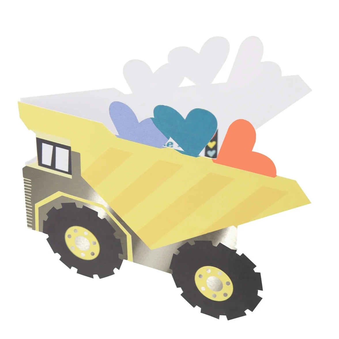 The Meri Meri Truck Kids Valentine's Card Set features an illustration of a yellow dump truck with colorful heart-shaped cutouts in the back, ideal for playful stickers or Valentine's cards, on a white background.