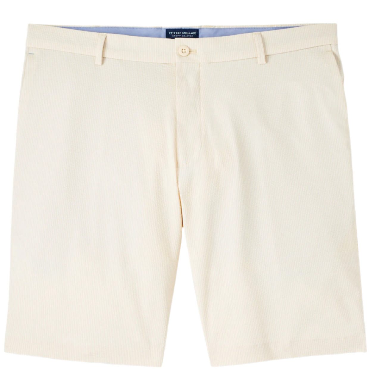 The Peter Millar Matlock Seersucker Performance Shorts are beige, featuring a button and zip closure, belt loops, and two front pockets, similar to the Surge short style, shown against a white background.