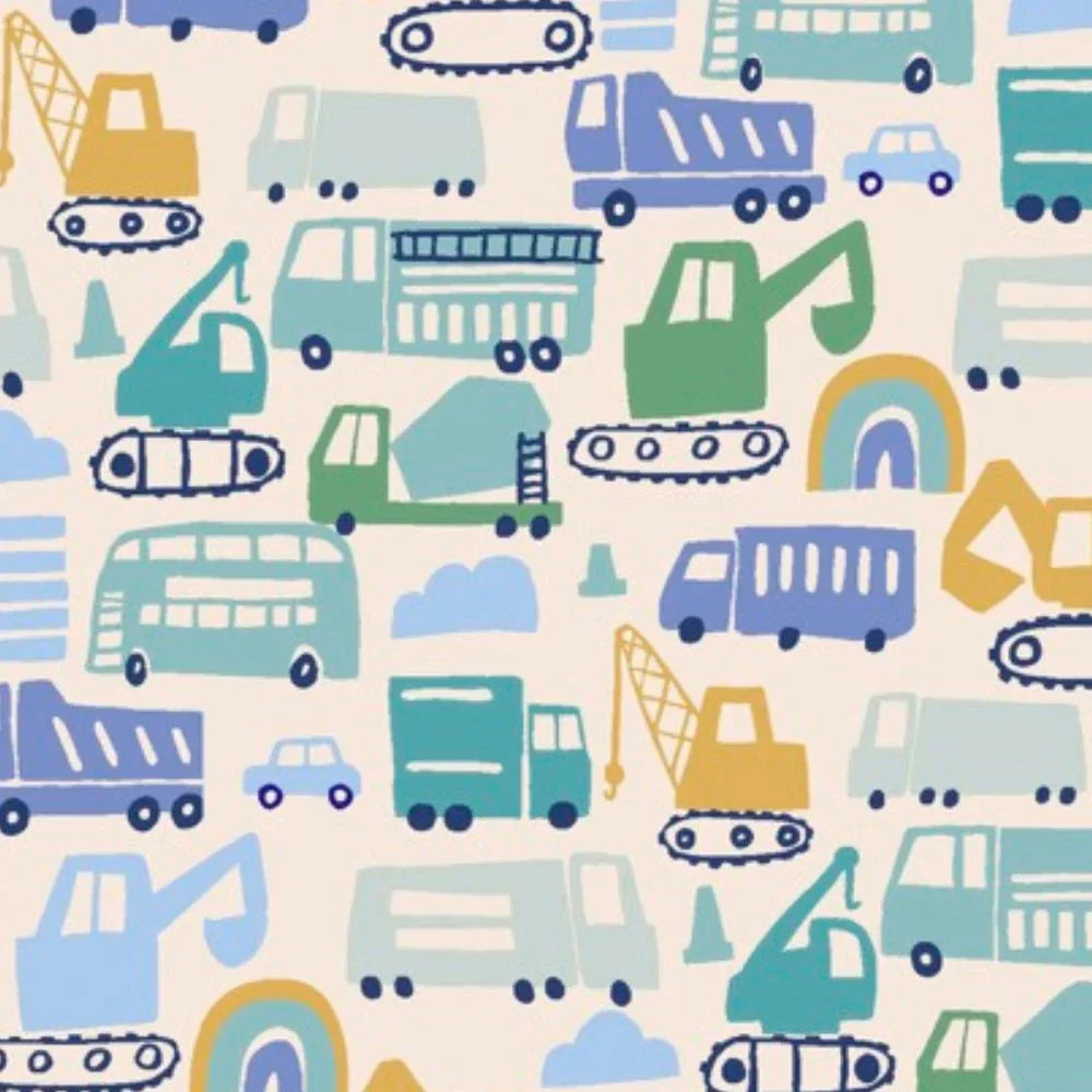 The Magnetic Me As Truck Would Have It Gown and Hat NB-3M from Magnetic Me features a lively pattern of trucks, excavators, and buses in blue, green, and yellow hues set against a light background, crafted from soft TENCEL™ modal.