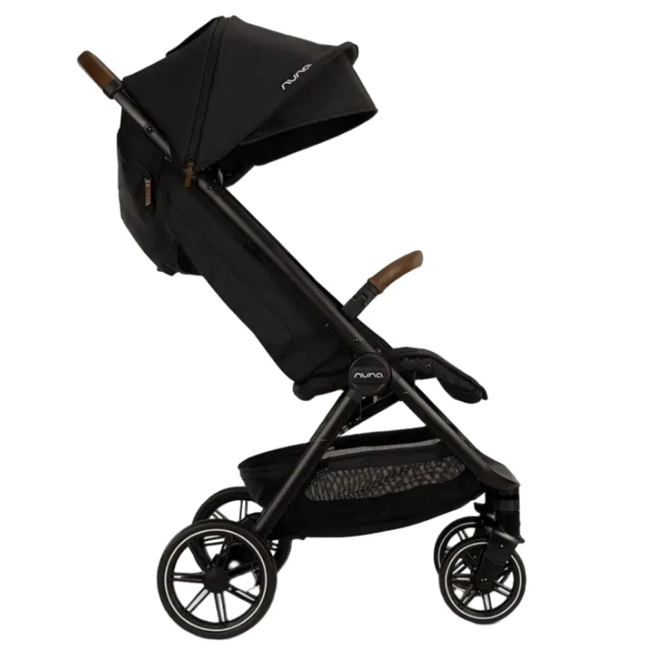 Presenting the Nuna TRVL lx Stroller by Nuna: a black luxury stroller featuring an adjustable canopy, ergonomic handles, and a storage basket beneath the seat. Experience compact freedom with its one-handed fold feature for effortless handling.