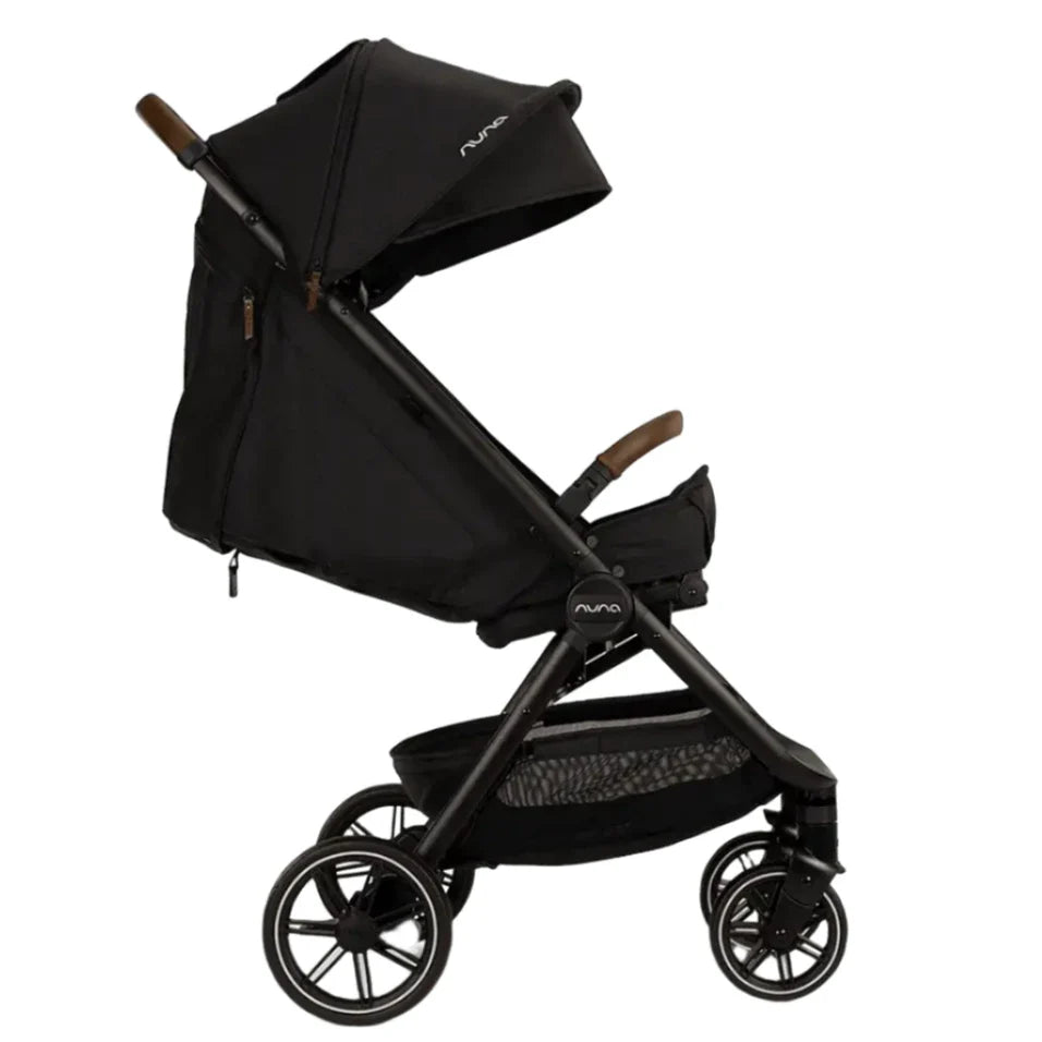 Side view of the luxurious black Nuna TRVL lx Stroller, featuring a canopy, four wheels, an under-seat storage basket, and the convenience of a one-handed fold.