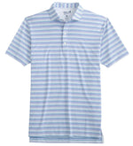 Introducing the Johnnie-O Tyson Polo by Johnnie-O—a short-sleeve, collared polo shirt showcasing horizontal stripes in shades of blue, green, and white. Made from performance jersey fabric with UPF 50 sun protection and moisture-wicking properties, it combines comfort and style for sunny days.