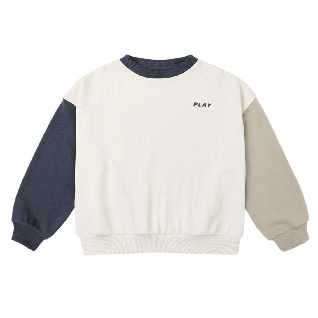 The Boys' Relaxed Sweatshirt by Rylee & Cru features a French terry fabric with navy, beige, and white color-block panels and "PLAY" in small letters on the upper left chest for a subtle athletic touch.