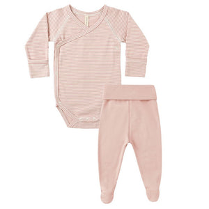The Quincy Mae Baby Girls' Side Snap Bodysuit & Pant Set features a pink and white striped bodysuit with snap buttons and matching pink footed pants—perfect for newborn comfort and easy changes.