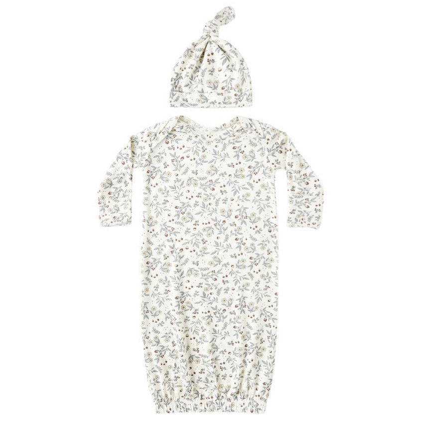 The Quincy Mae Baby Girls' Bamboo Baby Gown & Hat Set, featuring a floral print, elastic-bottom gown with fold-over mitts and a matching knotted hat, is displayed on a white background.