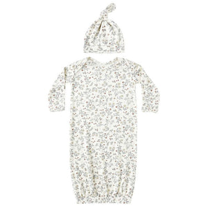 The Quincy Mae Baby Girls' Bamboo Baby Gown & Hat Set, featuring a floral print, elastic-bottom gown with fold-over mitts and a matching knotted hat, is displayed on a white background.