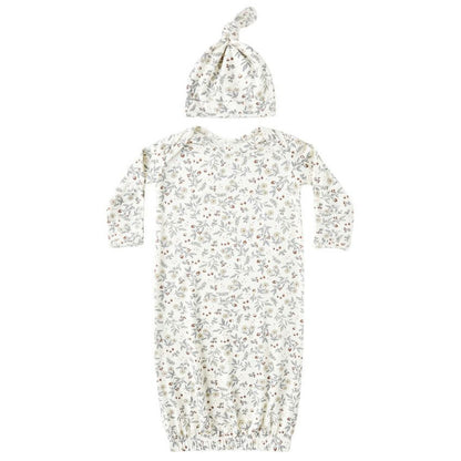 The Quincy Mae Baby Girls' Bamboo Baby Gown & Hat Set, featuring a floral print, elastic-bottom gown with fold-over mitts and a matching knotted hat, is displayed on a white background.