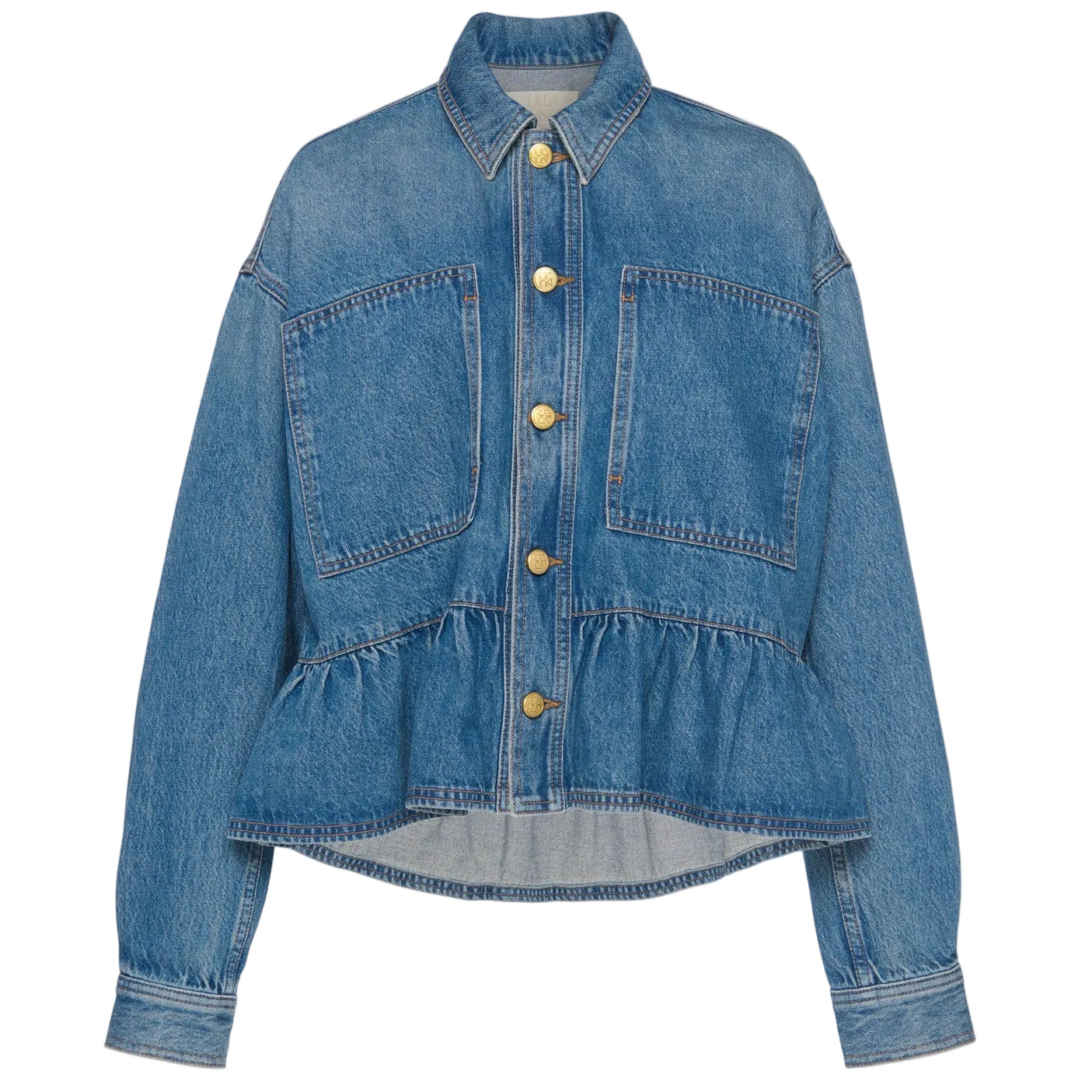 The Ulla Johnson Arquette Jacket in blue denim features a relaxed fit, oversized front pockets, gold buttons, and a gathered waist detail, shown on a plain white background.