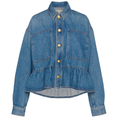 The Ulla Johnson Arquette Jacket in blue denim features a relaxed fit, oversized front pockets, gold buttons, and a gathered waist detail, shown on a plain white background.