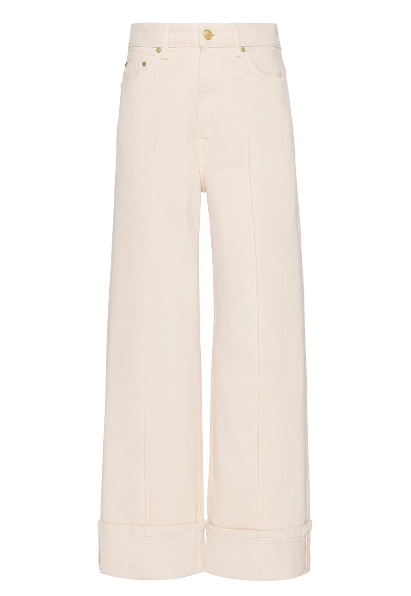 The Genevieve Stretch Jean by Ulla Johnson features wide legs, a high waist, front seams, cuffed hems, belt loops, and front/back pockets in white denim, shown against a plain white background.