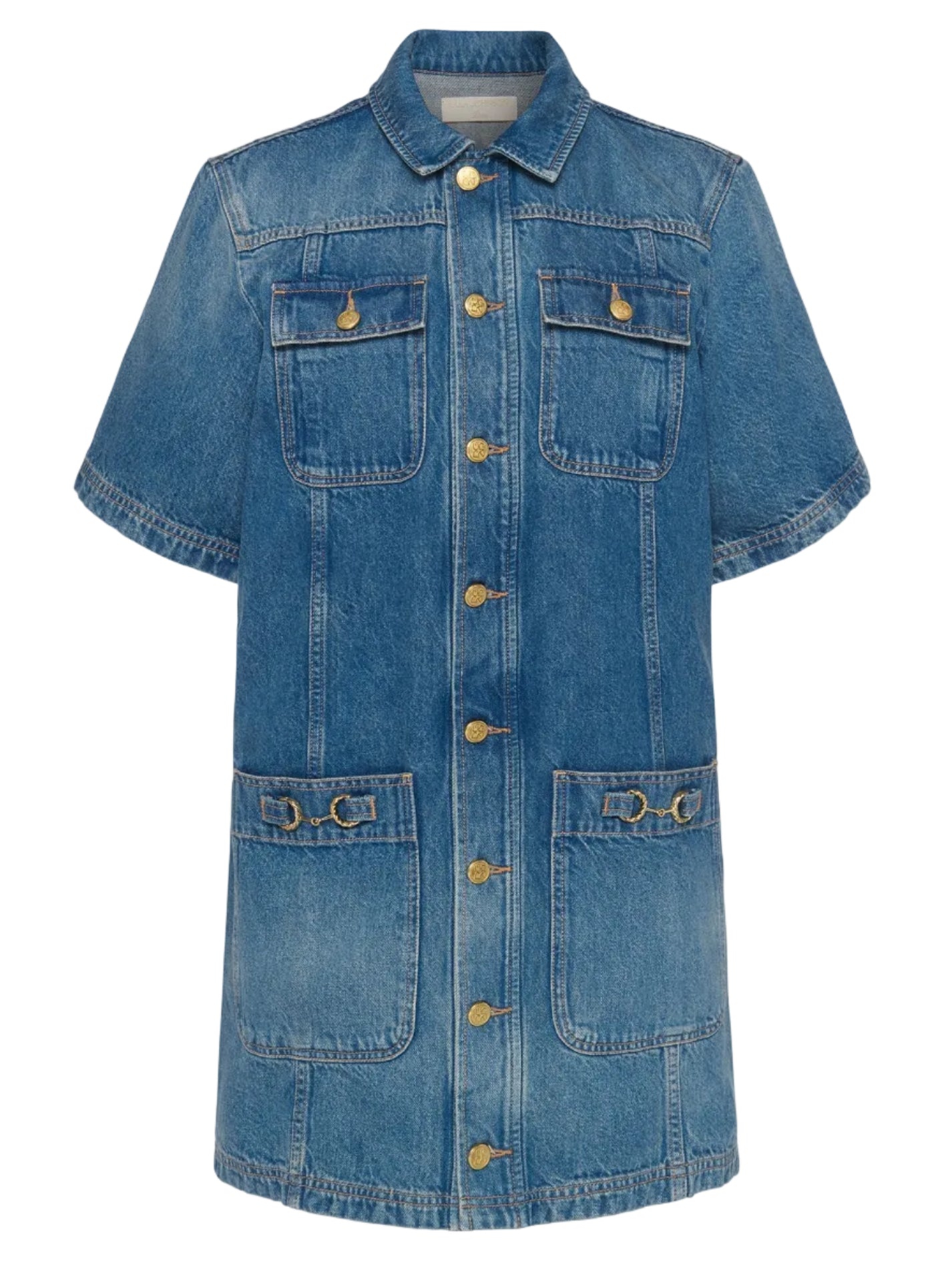 The Ulla Johnson Painters Dress features short sleeves, a shirt-inspired blue denim silhouette, gold buttons, chest and hip pockets, and a smart collar.