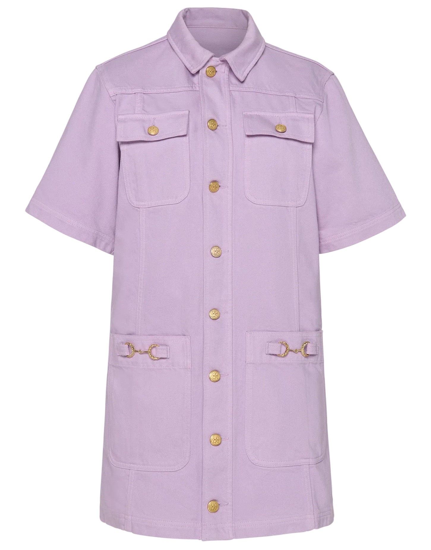 The Ulla Johnson Painters Dress in wisteria lavender features short sleeves, a shirt-inspired silhouette, front pockets, gold buttons, and gold hardware accents on the lower pockets.