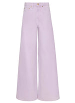 The Zephyr Jean by Ulla Johnson features a high-waisted, wide-leg silhouette in light lavender premium denim, shown from the front against a white background.