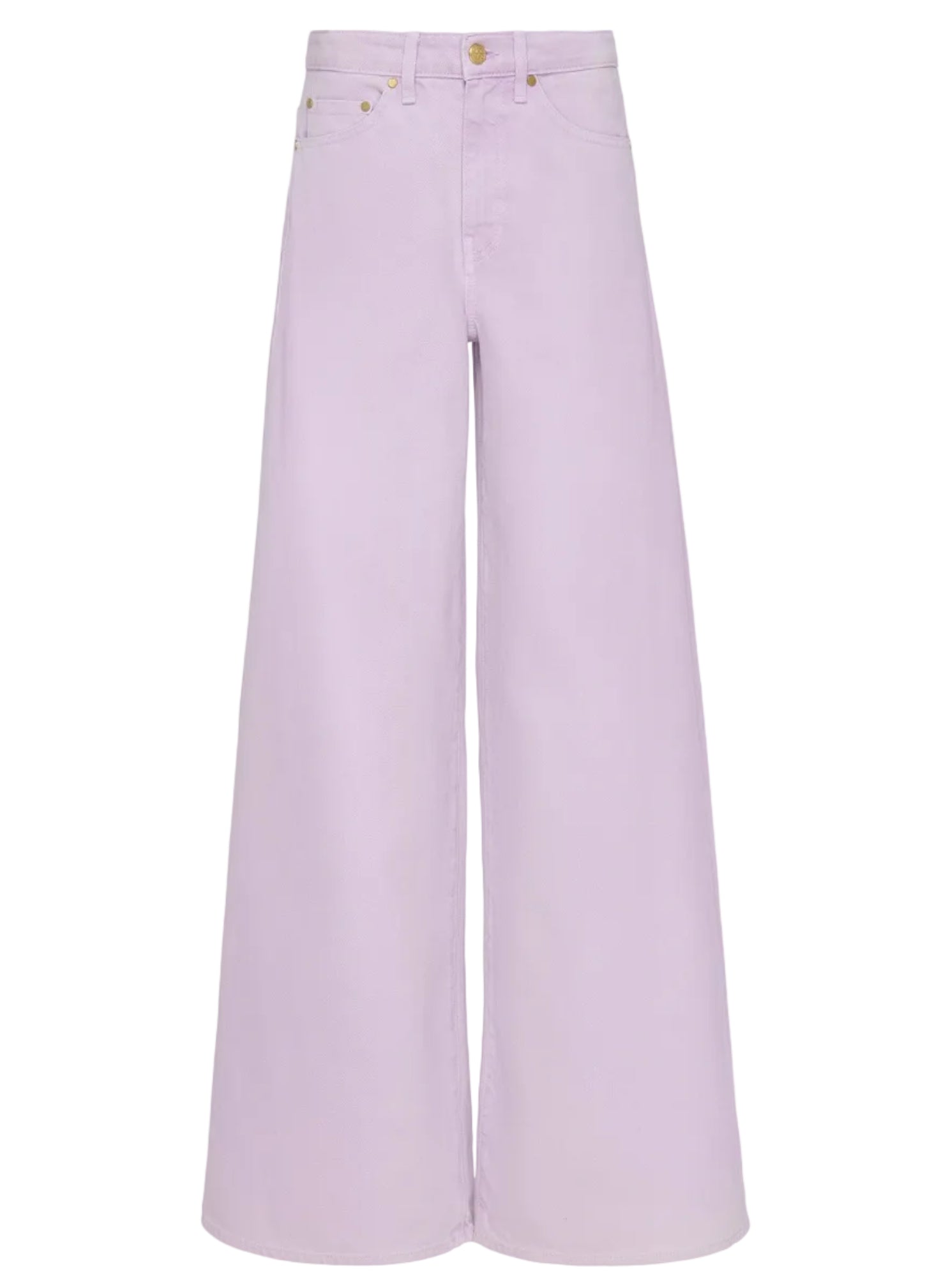 The Zephyr Jean by Ulla Johnson features a high-waisted, wide-leg silhouette in light lavender premium denim, shown from the front against a white background.