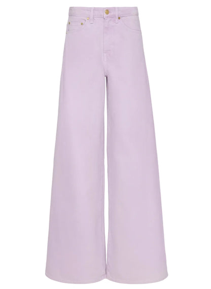 The Zephyr Jean by Ulla Johnson features a high-waisted, wide-leg silhouette in light lavender premium denim, shown from the front against a white background.