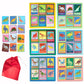 Eeboo's Dinosaur Bingo is a dinosaur-themed matching game featuring colorful cards, four game boards with prehistoric reptiles, and a red drawstring pouch.