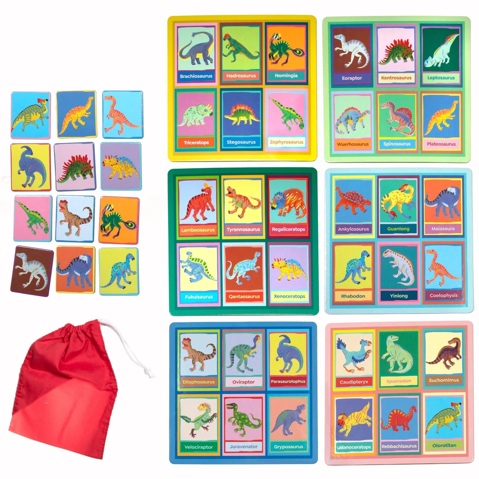 Eeboo's Dinosaur Bingo is a dinosaur-themed matching game featuring colorful cards, four game boards with prehistoric reptiles, and a red drawstring pouch.