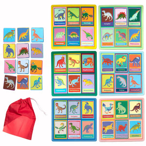 Eeboo's Dinosaur Bingo is a dinosaur-themed matching game featuring colorful cards, four game boards with prehistoric reptiles, and a red drawstring pouch.
