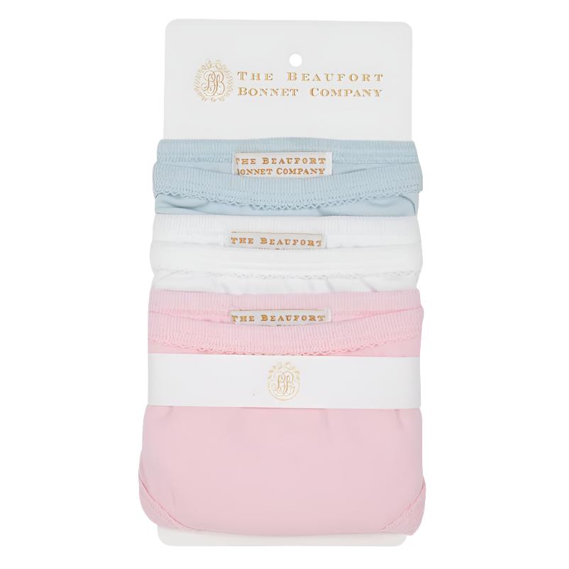 A set of three Baby Girls' Pippy's Underpinnings bonnets in blue, white, and Palm Beach Pink from The Beaufort Bonnet Company.