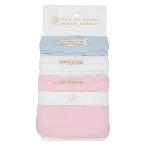 A set of three Baby Girls' Pippy's Underpinnings bonnets in blue, white, and Palm Beach Pink from The Beaufort Bonnet Company.