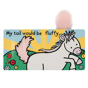 The **Jellycat If I Were a Unicorn Book - Purple** by **Jellycat** features an illustration of a white horse with a fluffy pink tail on one of its pages. The text reads, "My tail would be fluffy." This unicorn board book is set against a vibrant background filled with flowers and a sunburst, inviting creative readers to embark on a magical adventure.