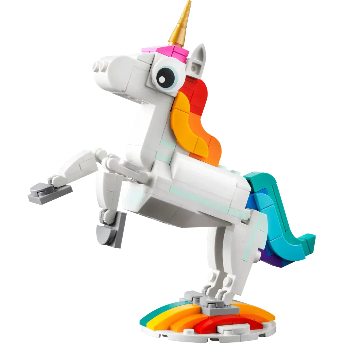 Create and display the LEGO® Creator Magical Unicorn, featuring a golden horn, rainbow mane and tail, standing on its hind legs atop a colorful base. This enchanting LEGO® set inspires endless imaginative play.