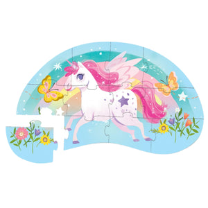 The Sweet Unicorn 12 Piece Mini Puzzle by Crocodile Creek features a unicorn with wings, pink mane and tail, plus butterflies, flowers, and a starry blue background—a colorful kids or travel puzzle.