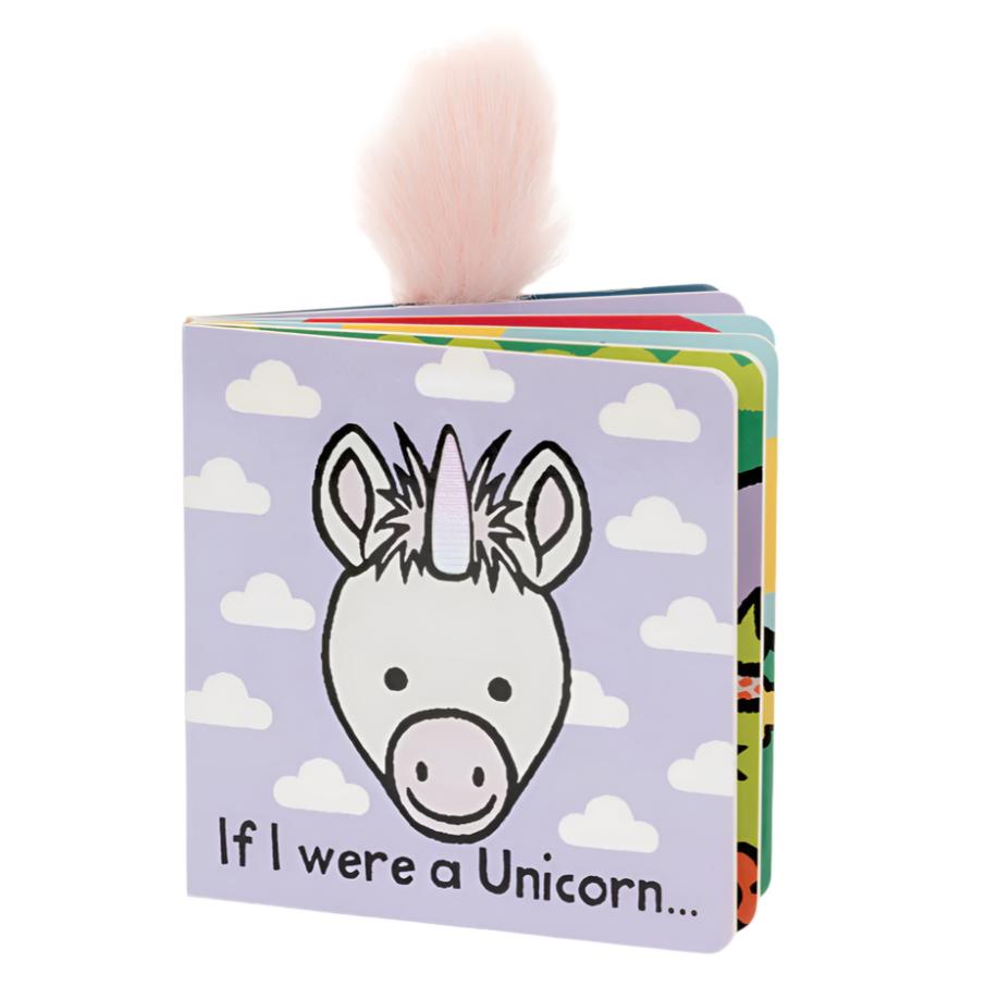 The Jellycat If I Were a Unicorn Book - Purple by Jellycat is a children's board book featuring a unicorn face and a soft faux fur mane peeking out at the top, making it perfect for creative readers embarking on a magical adventure.