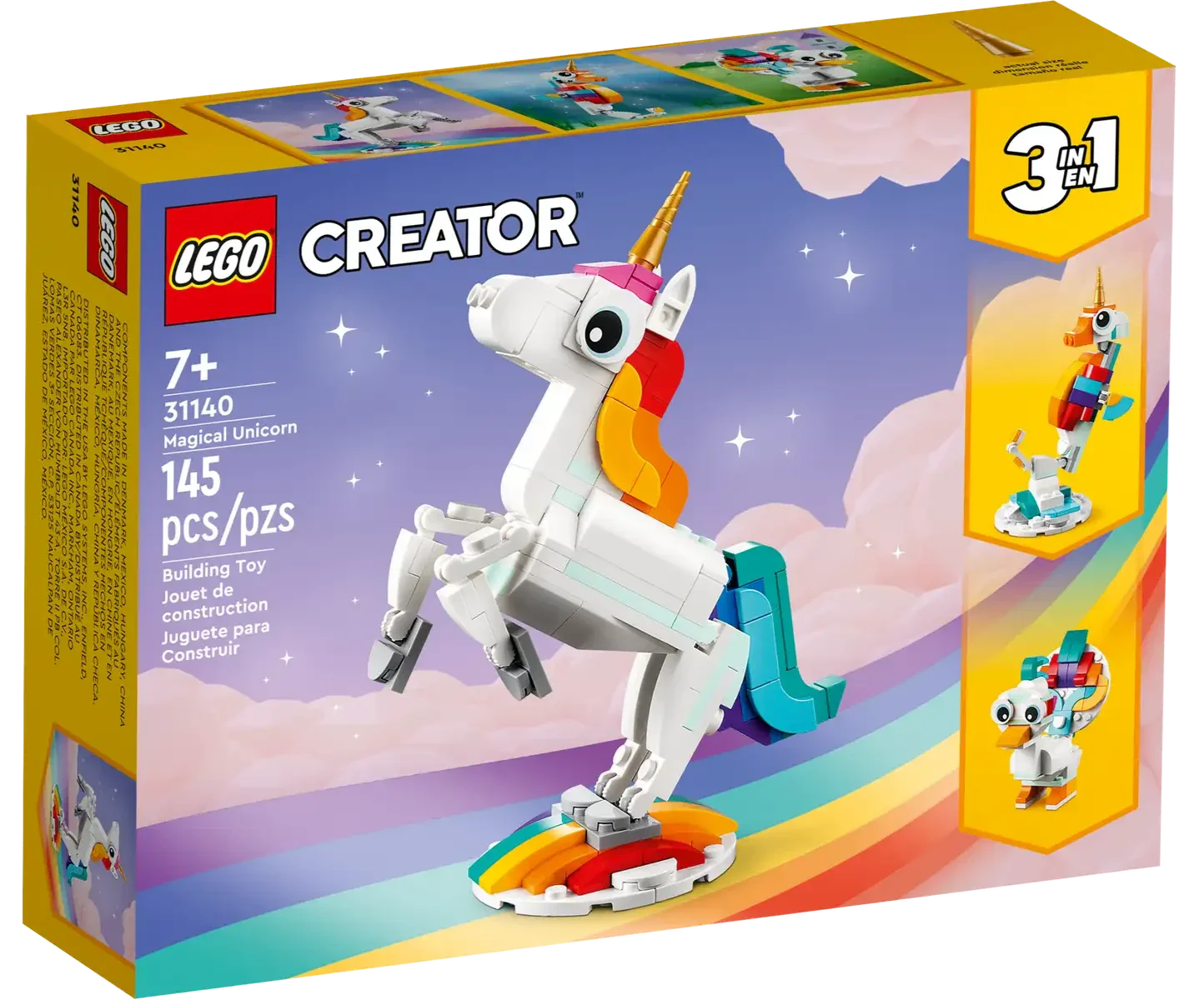 The LEGO® Creator Magical Unicorn 3in1 set (31140) by LEGO® features 145 pieces for ages 7+. Build a magical unicorn standing on a rainbow base, offering creative and imaginative play.