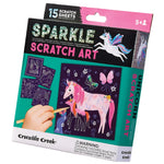 Introducing the Crocodile Creek Sparkle Scratch Art set by Crocodile Creek, a magical scratch-art activity designed for children ages 3 to 8, featuring 15 enchanting scratch sheets.