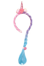 The Great Pretenders Unicorn Princess Hair Braid is a fairy-tale accessory featuring a pink unicorn horn headband with flowers and a long pink, purple, and blue braided ponytail—perfect for any unicorn princess.