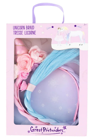 The enchanting accessory comes in pink and purple packaging for a child's Great Pretenders Unicorn Princess Hair Braid, featuring a blue braid, pink flowers, and a unicorn horn headband. Labeled "Unicorn Braid Tresse Licorne" by "Great Pretenders," it brings fairy-tale fantasy to life.