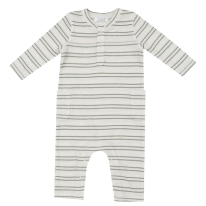 The Angel Dear Modal Rib Stripe Desert Sage Uni Romper is a long-sleeve baby romper with striped design, featuring a small chest pocket and convenient snap buttons on the front and crotch.