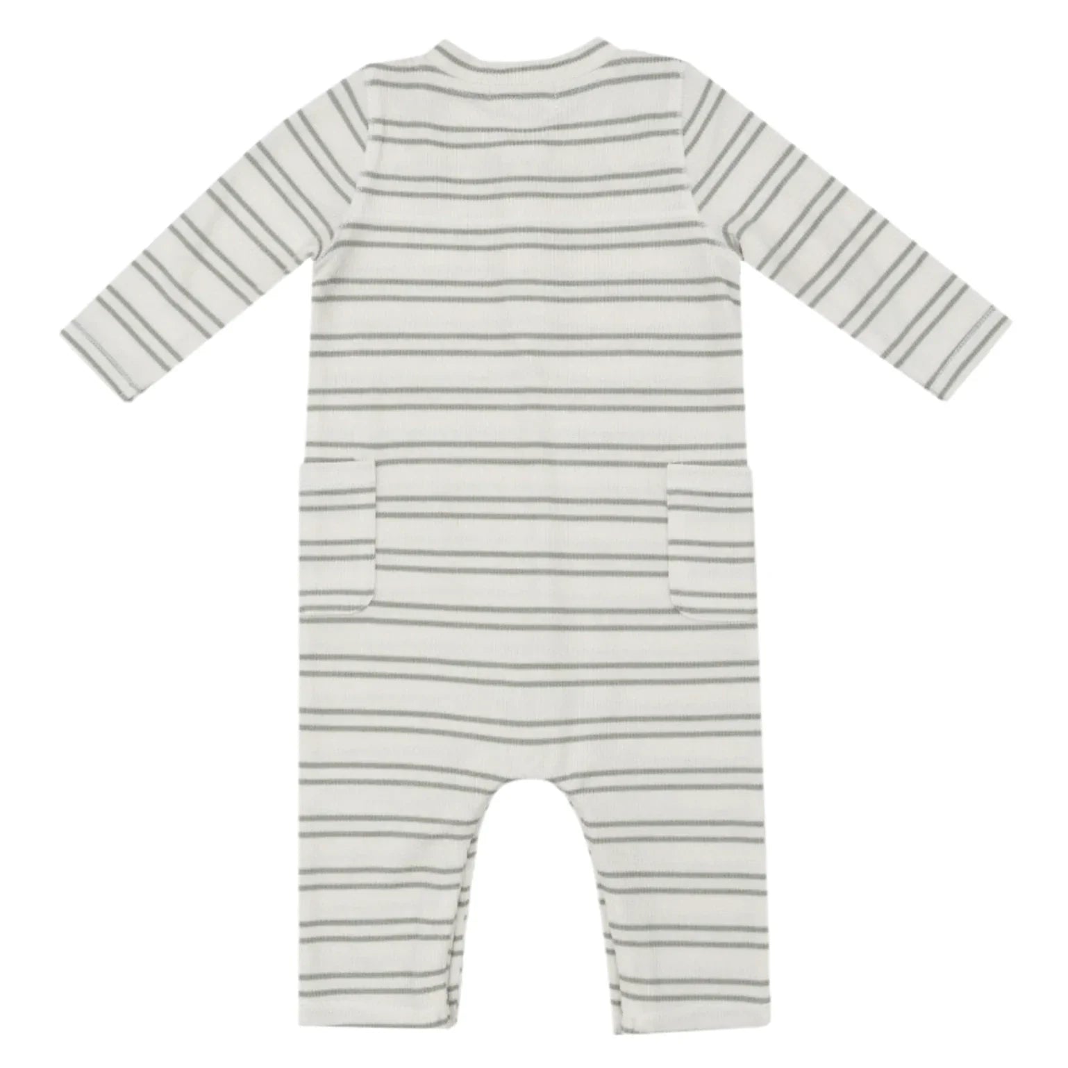 Angel Dear's Modal Rib Stripe Desert Sage Uni Romper, designed with long sleeves, two front pockets, and a convenient snap crotch closure, is displayed on a white background.